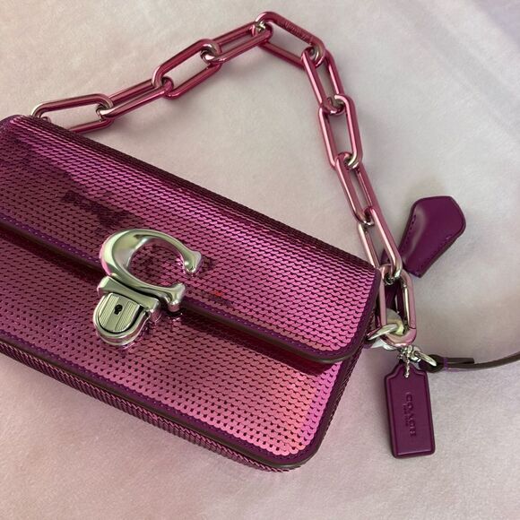 COACH Studio Baguette Shiny Sequin Dark Magenta Shoulder Crossbody Bag - Picture 1 of 6